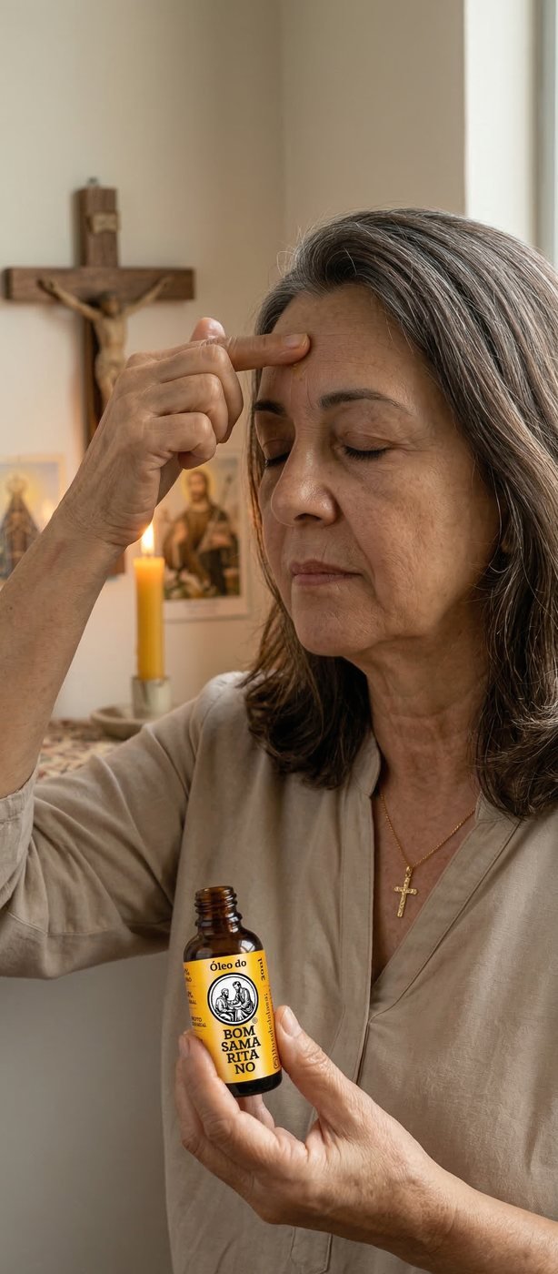Mulher tocando a testa enquanto segura o Óleo do Bom Samaritano diante de um crucifixo e uma vela