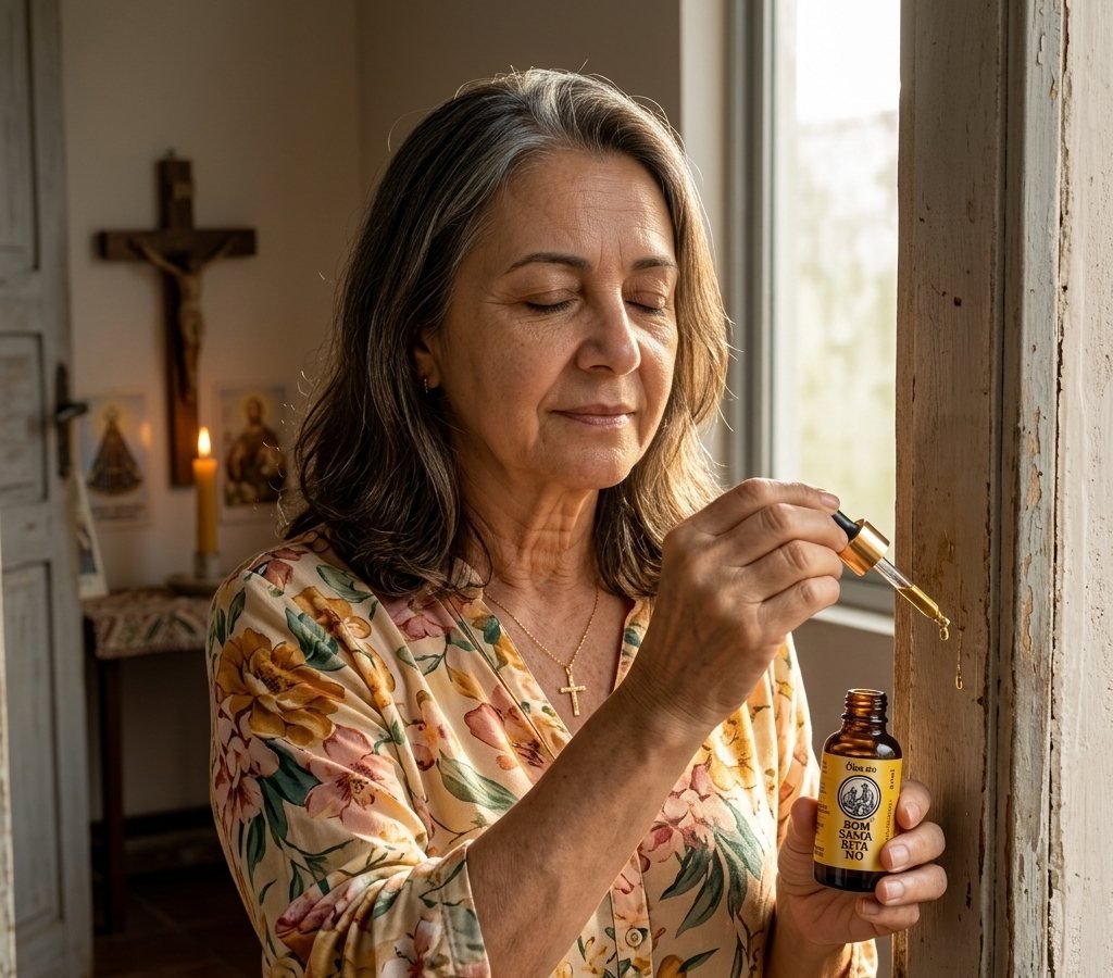 Mulher segurando o conta-gotas aberto e o Óleo do Bom Samaritano diante de um crucifixo