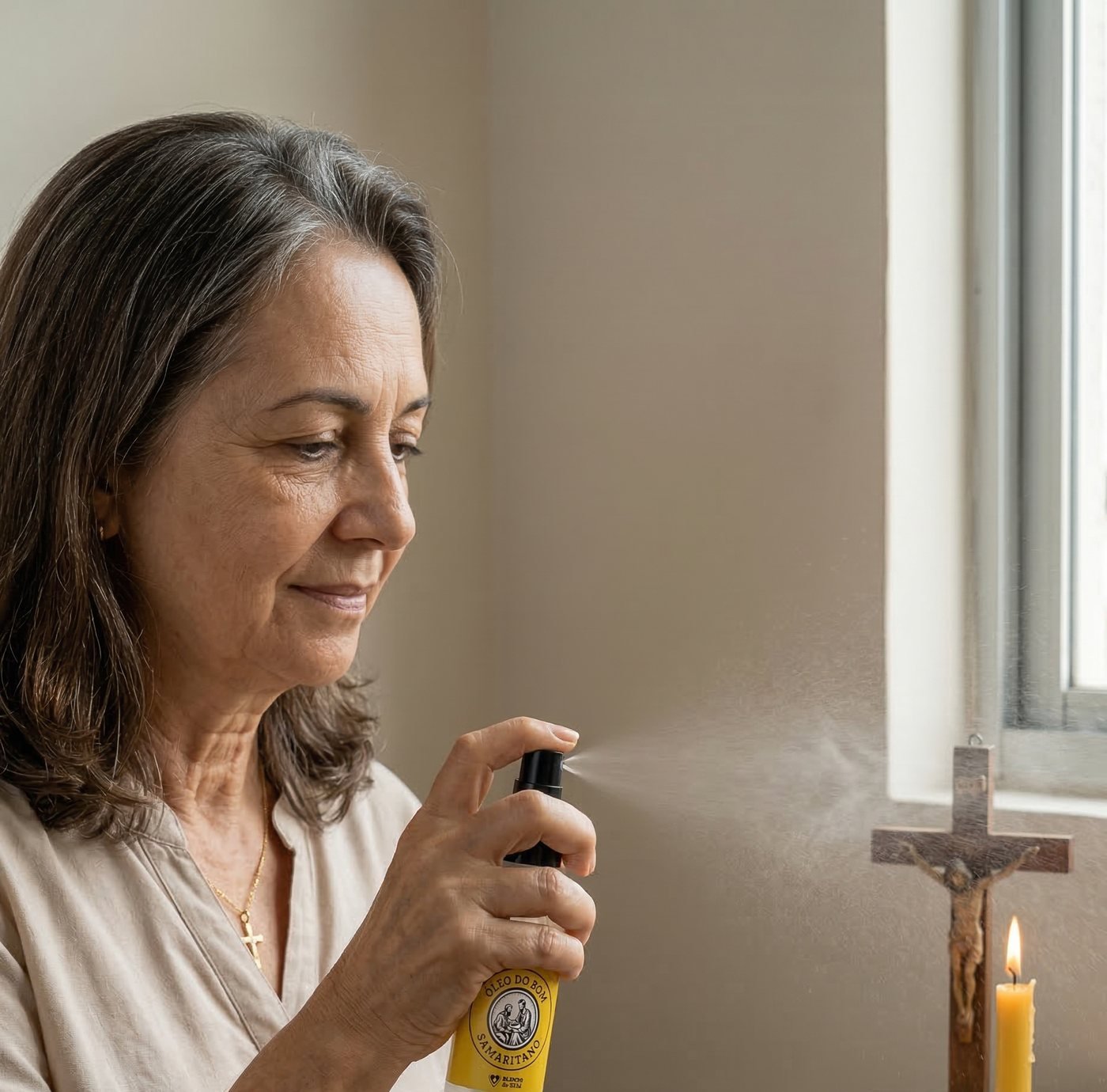 Mulher borrifando o spray Bom Samaritano diante de um crucifixo, uma vela e um terço